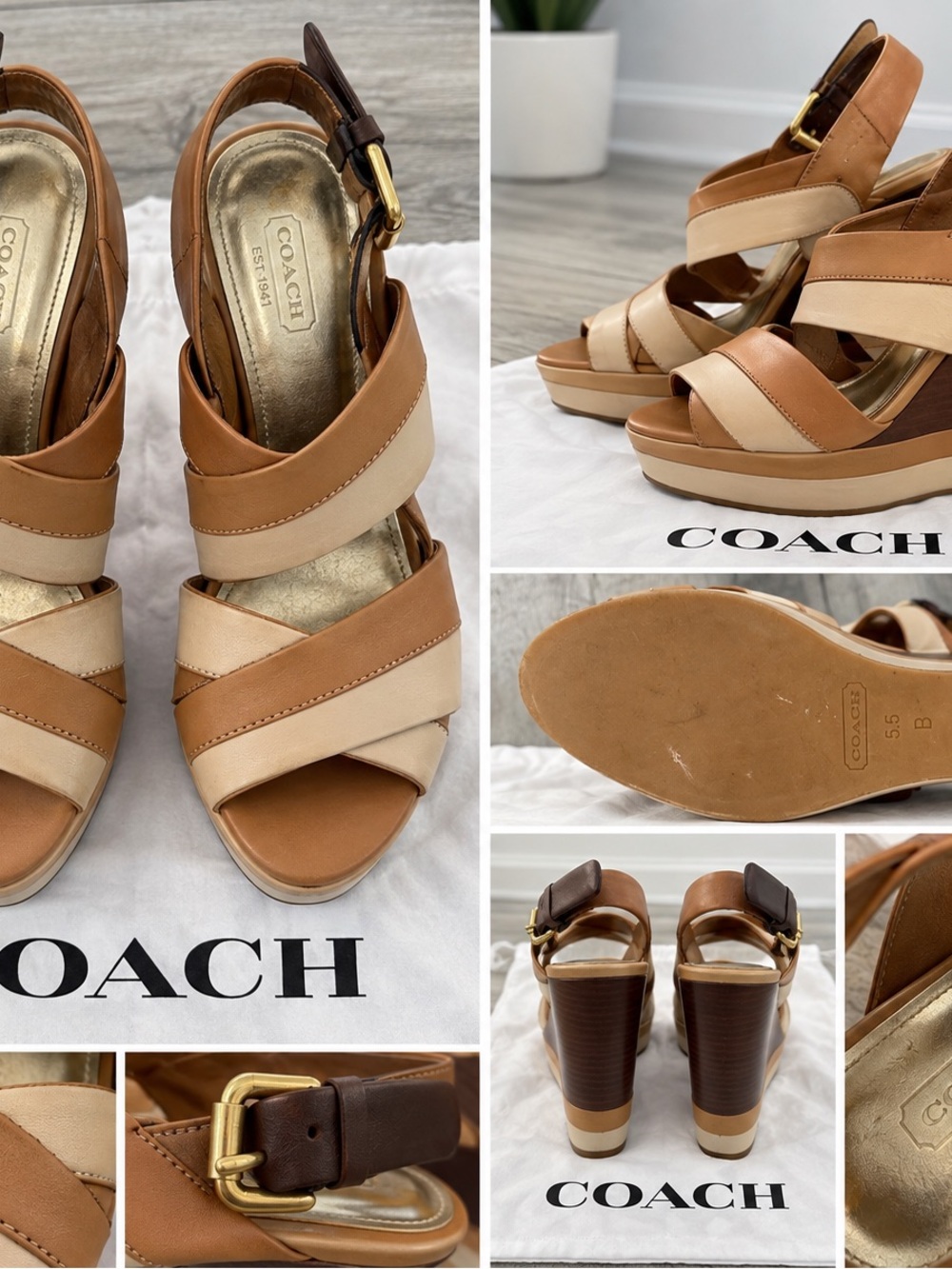 Coach Tan and Cream Leather Wedge Sandals with Gold Buckle